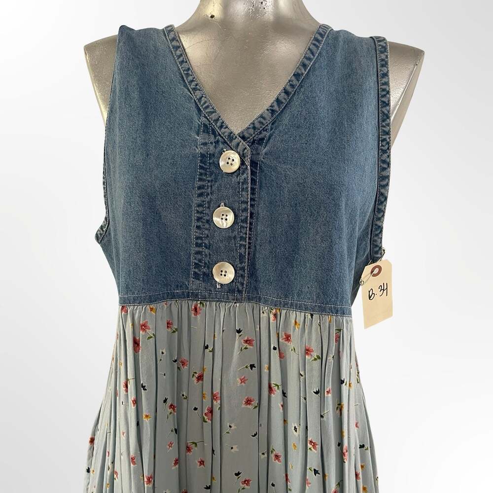 Vintage 90s Denim and Floral Print Sleeveless Midi Jumper Dress - Picture 2 of 4